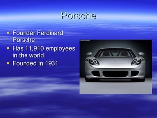 Porsche Founder Ferdinard Porsche Has 11,910 employees in the world Founded in 1931 
