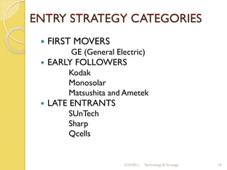 ENTRY STRATEGY CATEGORIES
    FIRST MOVERS
         GE (General Electric)
    EARLY FOLLOWERS
         Kodak
         Monosolar
         Matsushita and Ametek
    LATE ENTRANTS
         SUnTech
         Sharp
         Qcells


                        3/23/2011   Technology & Strategy   18
 