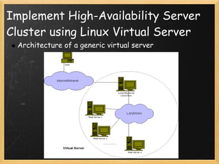 Implement High-Availability Server
Cluster using Linux Virtual Server
 Architecture of a generic virtual server
 