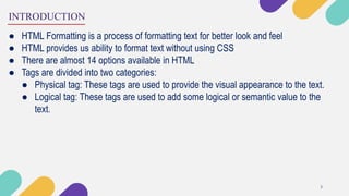 HTML text formatting tags | PPTX | Web Design and HTML | Internet