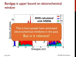 Bandgap is upper bound on electrochemical
window	

DOS calculated
with HSE06
3.6 eV
This is how people have estimated
electrochemical windows in the past.
But is it relevant?
Aug 12, 2014 ACS 248th National Meeting
 
