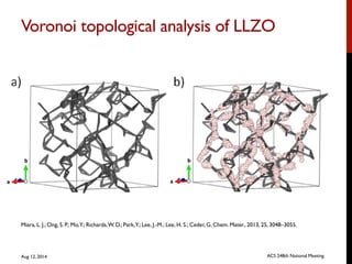 Voronoi topological analysis of LLZO	

Aug 12, 2014 ACS 248th National Meeting
Miara, L. J.; Ong, S. P.; Mo,Y.; Richards,W. D.; Park,Y.; Lee, J.-M.; Lee, H. S.; Ceder, G. Chem. Mater., 2013, 25, 3048–3055.
 