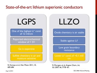 State-of-the-art lithium superionic conductors	

N. Kamaya et al., Nat. Mater. 2011, 10,
682-686
R. Murugan, et al.,Angew. Chem., Int.
Ed. 2007, 46, 7778−81.
LGPS
One of the highest Li+ cond.
of 12 mS/cm
Reported electrochemical
window of > 5V
Ge is expensive
Sulfide chemistry is air and
moisture sensitive
LLZO
Oxide chemistry is air stable
Stable against Li?
Low grain boundary
resistance
Lower Li+ cond. of ~0.1 mS/
cm
Aug 12, 2014 ACS 248th National Meeting
 