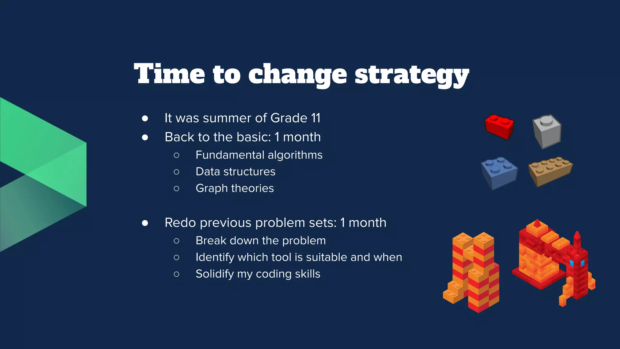 Time to change strategy
● It was summer of Grade 11
● Back to the basic: 1 month
○ Fundamental algorithms
○ Data structures
○ Graph theories
● Redo previous problem sets: 1 month
○ Break down the problem
○ Identify which tool is suitable and when
○ Solidify my coding skills
 