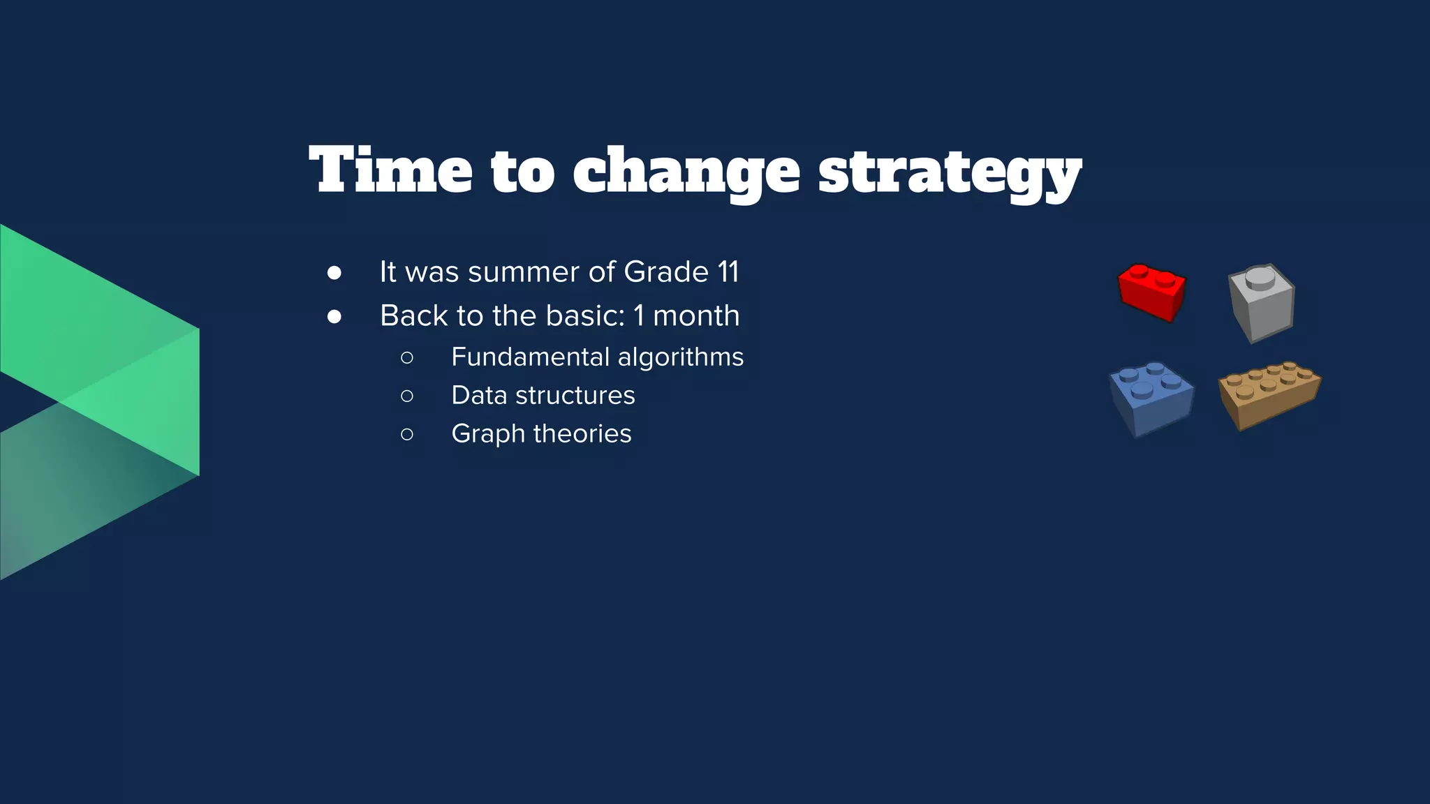 Time to change strategy
● It was summer of Grade 11
● Back to the basic: 1 month
○ Fundamental algorithms
○ Data structures
○ Graph theories
 