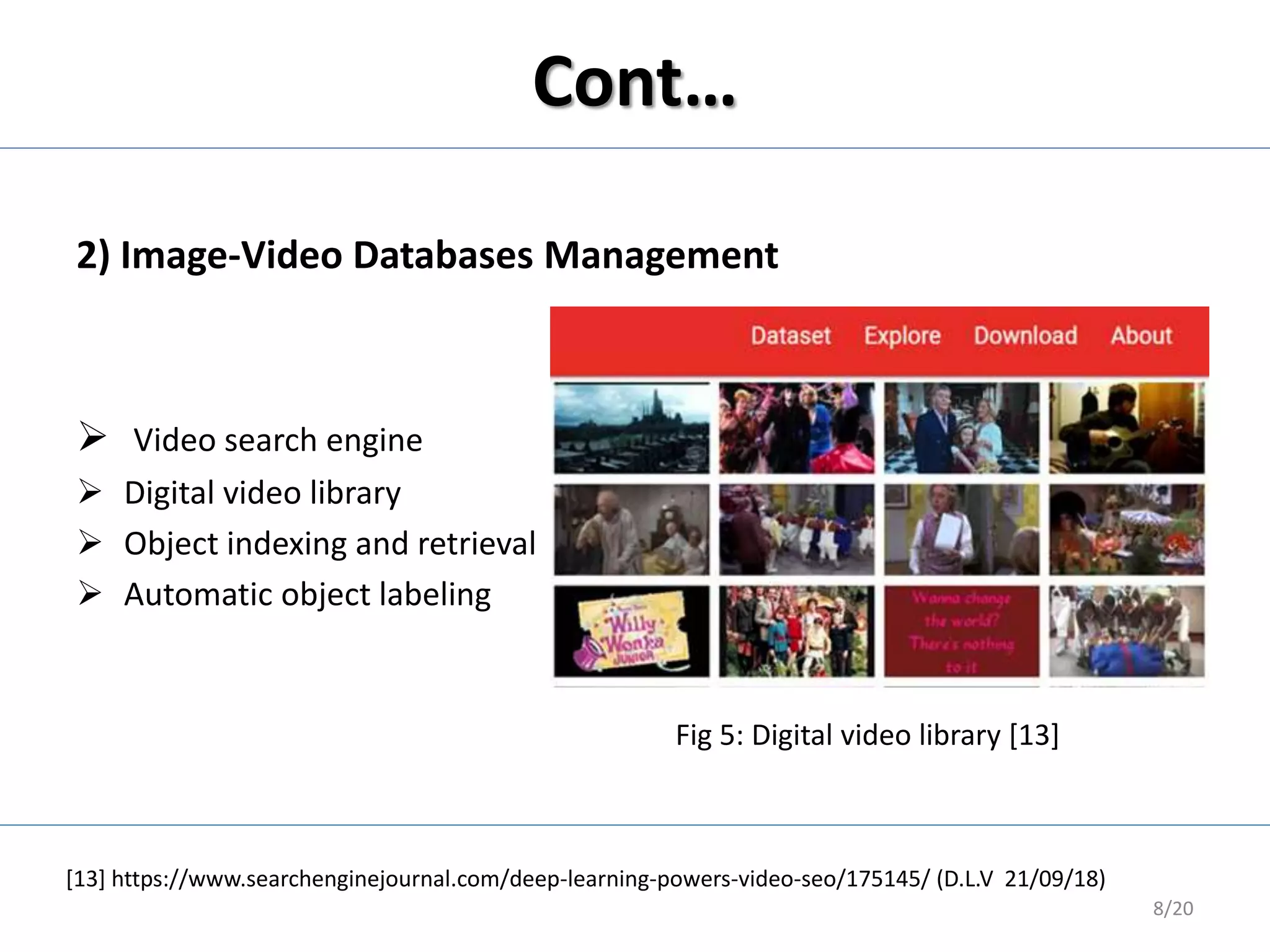 Cont…
2) Image-Video Databases Management
 Video search engine
 Digital video library
 Object indexing and retrieval
 Automatic object labeling
8/20
Fig 5: Digital video library [13]
[13] https://www.searchenginejournal.com/deep-learning-powers-video-seo/175145/ (D.L.V 21/09/18)
 