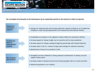STRATEGIC VIEW


 Our strategies have focused on the maintenance of our leadership position in the markets in which we operate



  Expand our
  production                       Enlarge our industrial park and increase production capacity in Brazil so as to enable the
  capacity                         Company to meet the growing demand in the national and international markets



                                   Consolidate our presence in the segment of spare wheels for commercial vehicles

  Increase our                     Increase exports of railway freight cars to countries with no local production
  share in                         Increase exports of railway castings through the partnership with Amsted Industries
  international
  markets                          Increase share in the U.S. market of large steel castings for industrial machinery

                                   Manufacture of some of our products in Asia



                                   Strengthen services rendered to railway operators (maintenance of railway cars and
  New business                     supply of spare parts)
  and products
                                   Increase number of products and services having synergies with our current activities

                                   Selected acquisitions in our industry


                                                                                                                                8
 