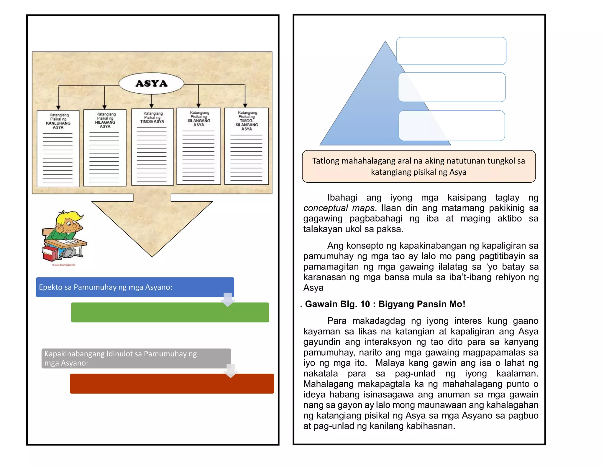 Epekto sa Pamumuhay ng mga Asyano:
Kapakinabangang Idinulot sa Pamumuhay ng
mga Asyano:
Ibahagi ang iyong mga kaisipang taglay ng
conceptual maps. Ilaan din ang matamang pakikinig sa
gagawing pagbabahagi ng iba at maging aktibo sa
talakayan ukol sa paksa.
Ang konsepto ng kapakinabangan ng kapaligiran sa
pamumuhay ng mga tao ay lalo mo pang pagtitibayin sa
pamamagitan ng mga gawaing ilalatag sa ‘yo batay sa
karanasan ng mga bansa mula sa iba’t-ibang rehiyon ng
Asya
. Gawain Blg. 10 : Bigyang Pansin Mo!
Para makadagdag ng iyong interes kung gaano
kayaman sa likas na katangian at kapaligiran ang Asya
gayundin ang interaksyon ng tao dito para sa kanyang
pamumuhay, narito ang mga gawaing magpapamalas sa
iyo ng mga ito. Malaya kang gawin ang isa o lahat ng
nakatala para sa pag-unlad ng iyong kaalaman.
Mahalagang makapagtala ka ng mahahalagang punto o
ideya habang isinasagawa ang anuman sa mga gawain
nang sa gayon ay lalo mong maunawaan ang kahalagahan
ng katangiang pisikal ng Asya sa mga Asyano sa pagbuo
at pag-unlad ng kanilang kabihasnan.
Tatlong mahahalagang aral na aking natutunan tungkol sa
katangiang pisikal ng Asya
 