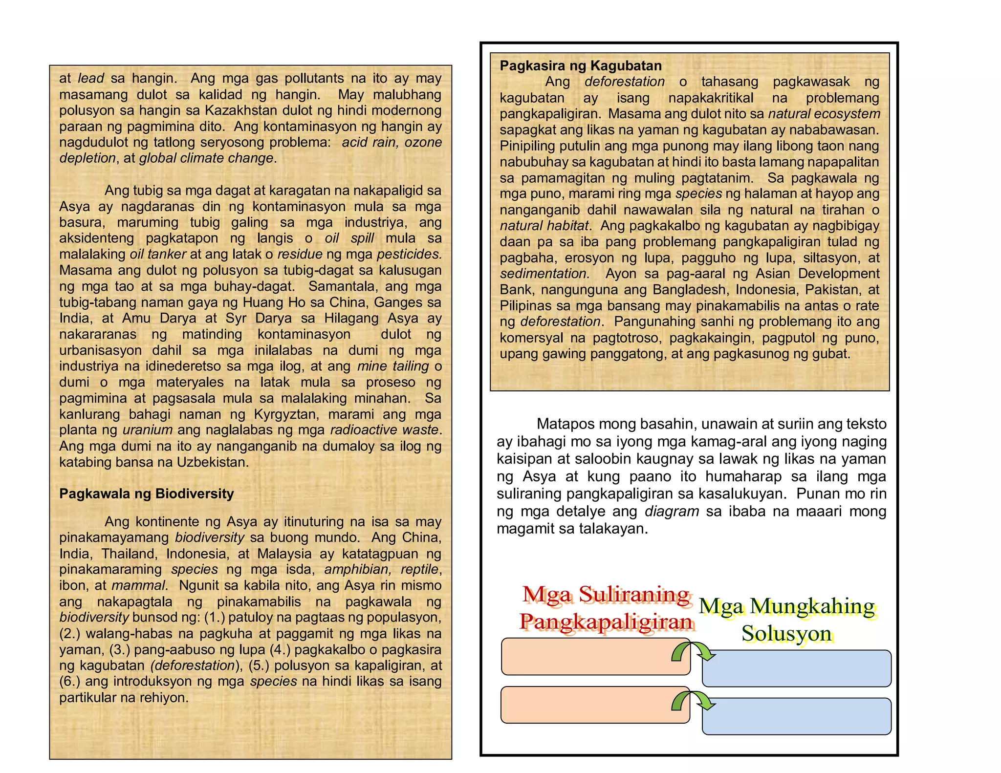 at lead sa hangin. Ang mga gas pollutants na ito ay may
masamang dulot sa kalidad ng hangin. May malubhang
polusyon sa hangin sa Kazakhstan dulot ng hindi modernong
paraan ng pagmimina dito. Ang kontaminasyon ng hangin ay
nagdudulot ng tatlong seryosong problema: acid rain, ozone
depletion, at global climate change.
Ang tubig sa mga dagat at karagatan na nakapaligid sa
Asya ay nagdaranas din ng kontaminasyon mula sa mga
basura, maruming tubig galing sa mga industriya, ang
aksidenteng pagkatapon ng langis o oil spill mula sa
malalaking oil tanker at ang latak o residue ng mga pesticides.
Masama ang dulot ng polusyon sa tubig-dagat sa kalusugan
ng mga tao at sa mga buhay-dagat. Samantala, ang mga
tubig-tabang naman gaya ng Huang Ho sa China, Ganges sa
India, at Amu Darya at Syr Darya sa Hilagang Asya ay
nakararanas ng matinding kontaminasyon dulot ng
urbanisasyon dahil sa mga inilalabas na dumi ng mga
industriya na idinederetso sa mga ilog, at ang mine tailing o
dumi o mga materyales na latak mula sa proseso ng
pagmimina at pagsasala mula sa malalaking minahan. Sa
kanlurang bahagi naman ng Kyrgyztan, marami ang mga
planta ng uranium ang naglalabas ng mga radioactive waste.
Ang mga dumi na ito ay nanganganib na dumaloy sa ilog ng
katabing bansa na Uzbekistan.
Pagkawala ng Biodiversity
Ang kontinente ng Asya ay itinuturing na isa sa may
pinakamayamang biodiversity sa buong mundo. Ang China,
India, Thailand, Indonesia, at Malaysia ay katatagpuan ng
pinakamaraming species ng mga isda, amphibian, reptile,
ibon, at mammal. Ngunit sa kabila nito, ang Asya rin mismo
ang nakapagtala ng pinakamabilis na pagkawala ng
biodiversity bunsod ng: (1.) patuloy na pagtaas ng populasyon,
(2.) walang-habas na pagkuha at paggamit ng mga likas na
yaman, (3.) pang-aabuso ng lupa (4.) pagkakalbo o pagkasira
ng kagubatan (deforestation), (5.) polusyon sa kapaligiran, at
(6.) ang introduksyon ng mga species na hindi likas sa isang
partikular na rehiyon.
Matapos mong basahin, unawain at suriin ang teksto
ay ibahagi mo sa iyong mga kamag-aral ang iyong naging
kaisipan at saloobin kaugnay sa lawak ng likas na yaman
ng Asya at kung paano ito humaharap sa ilang mga
suliraning pangkapaligiran sa kasalukuyan. Punan mo rin
ng mga detalye ang diagram sa ibaba na maaari mong
magamit sa talakayan.
Pagkasira ng Kagubatan
Ang deforestation o tahasang pagkawasak ng
kagubatan ay isang napakakritikal na problemang
pangkapaligiran. Masama ang dulot nito sa natural ecosystem
sapagkat ang likas na yaman ng kagubatan ay nababawasan.
Pinipiling putulin ang mga punong may ilang libong taon nang
nabubuhay sa kagubatan at hindi ito basta lamang napapalitan
sa pamamagitan ng muling pagtatanim. Sa pagkawala ng
mga puno, marami ring mga species ng halaman at hayop ang
nanganganib dahil nawawalan sila ng natural na tirahan o
natural habitat. Ang pagkakalbo ng kagubatan ay nagbibigay
daan pa sa iba pang problemang pangkapaligiran tulad ng
pagbaha, erosyon ng lupa, pagguho ng lupa, siltasyon, at
sedimentation. Ayon sa pag-aaral ng Asian Development
Bank, nangunguna ang Bangladesh, Indonesia, Pakistan, at
Pilipinas sa mga bansang may pinakamabilis na antas o rate
ng deforestation. Pangunahing sanhi ng problemang ito ang
komersyal na pagtotroso, pagkakaingin, pagputol ng puno,
upang gawing panggatong, at ang pagkasunog ng gubat.
 