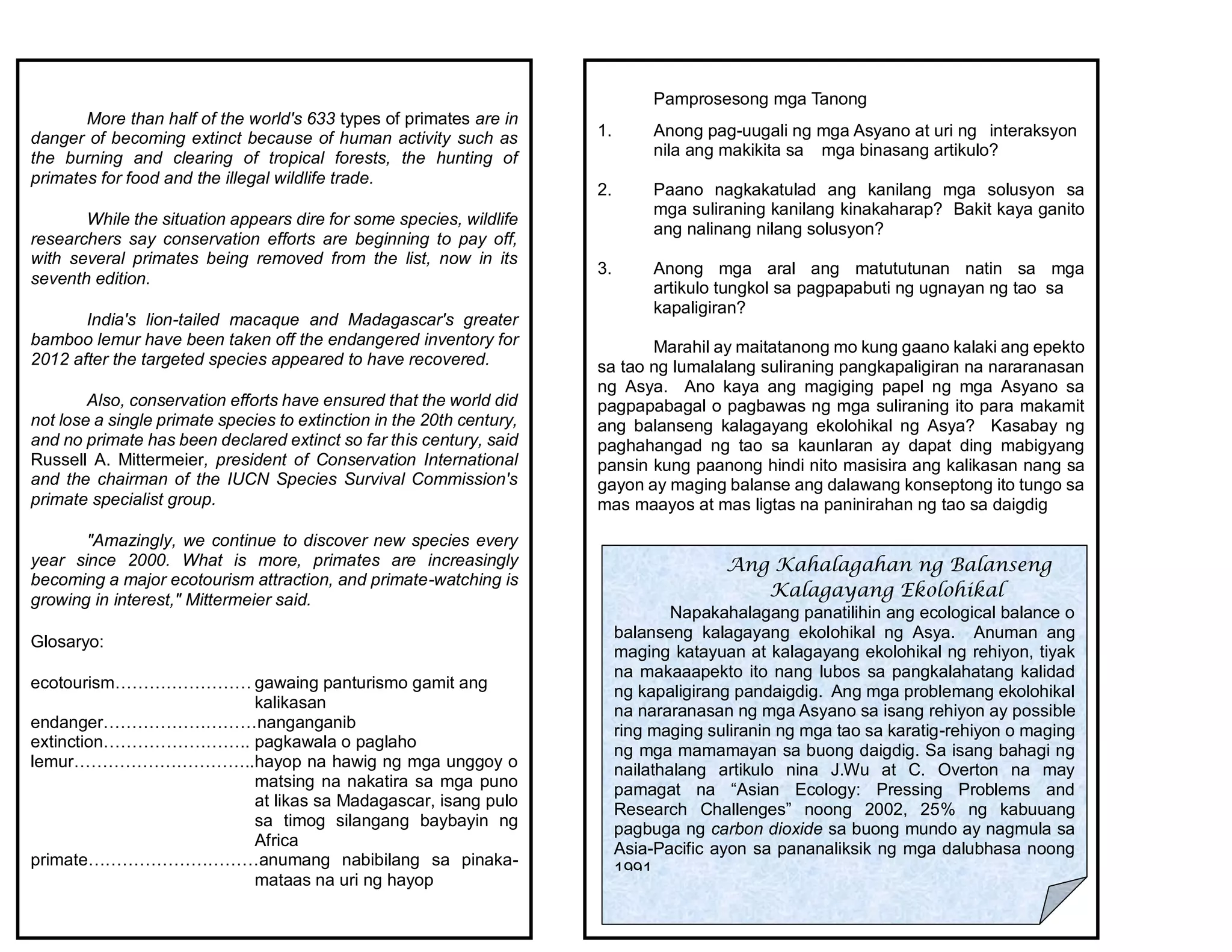 More than half of the world's 633 types of primates are in
danger of becoming extinct because of human activity such as
the burning and clearing of tropical forests, the hunting of
primates for food and the illegal wildlife trade.
While the situation appears dire for some species, wildlife
researchers say conservation efforts are beginning to pay off,
with several primates being removed from the list, now in its
seventh edition.
India's lion-tailed macaque and Madagascar's greater
bamboo lemur have been taken off the endangered inventory for
2012 after the targeted species appeared to have recovered.
Also, conservation efforts have ensured that the world did
not lose a single primate species to extinction in the 20th century,
and no primate has been declared extinct so far this century, said
Russell A. Mittermeier, president of Conservation International
and the chairman of the IUCN Species Survival Commission's
primate specialist group.
"Amazingly, we continue to discover new species every
year since 2000. What is more, primates are increasingly
becoming a major ecotourism attraction, and primate-watching is
growing in interest," Mittermeier said.
Glosaryo:
ecotourism…………………… gawaing panturismo gamit ang
kalikasan
endanger………………………nanganganib
extinction…………………….. pagkawala o paglaho
lemur…………………………..hayop na hawig ng mga unggoy o
matsing na nakatira sa mga puno
at likas sa Madagascar, isang pulo
sa timog silangang baybayin ng
Africa
primate…………………………anumang nabibilang sa pinaka-
mataas na uri ng hayop
Pamprosesong mga Tanong
1. Anong pag-uugali ng mga Asyano at uri ng interaksyon
nila ang makikita sa mga binasang artikulo?
2. Paano nagkakatulad ang kanilang mga solusyon sa
mga suliraning kanilang kinakaharap? Bakit kaya ganito
ang nalinang nilang solusyon?
3. Anong mga aral ang matututunan natin sa mga
artikulo tungkol sa pagpapabuti ng ugnayan ng tao sa
kapaligiran?
Marahil ay maitatanong mo kung gaano kalaki ang epekto
sa tao ng lumalalang suliraning pangkapaligiran na nararanasan
ng Asya. Ano kaya ang magiging papel ng mga Asyano sa
pagpapabagal o pagbawas ng mga suliraning ito para makamit
ang balanseng kalagayang ekolohikal ng Asya? Kasabay ng
paghahangad ng tao sa kaunlaran ay dapat ding mabigyang
pansin kung paanong hindi nito masisira ang kalikasan nang sa
gayon ay maging balanse ang dalawang konseptong ito tungo sa
mas maayos at mas ligtas na paninirahan ng tao sa daigdig
Ang Kahalagahan ng Balanseng
Kalagayang Ekolohikal
Napakahalagang panatilihin ang ecological balance o
balanseng kalagayang ekolohikal ng Asya. Anuman ang
maging katayuan at kalagayang ekolohikal ng rehiyon, tiyak
na makaaapekto ito nang lubos sa pangkalahatang kalidad
ng kapaligirang pandaigdig. Ang mga problemang ekolohikal
na nararanasan ng mga Asyano sa isang rehiyon ay possible
ring maging suliranin ng mga tao sa karatig-rehiyon o maging
ng mga mamamayan sa buong daigdig. Sa isang bahagi ng
nailathalang artikulo nina J.Wu at C. Overton na may
pamagat na “Asian Ecology: Pressing Problems and
Research Challenges” noong 2002, 25% ng kabuuang
pagbuga ng carbon dioxide sa buong mundo ay nagmula sa
Asia-Pacific ayon sa pananaliksik ng mga dalubhasa noong
1991.
 