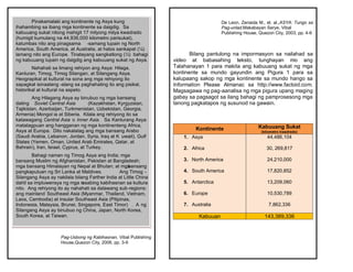 Pag-Usbong ng Kabihasnan, Vibal Publishing
House,Quezon City, 2008, pp. 3-9
Pinakamalaki ang kontinente ng Asya kung
ihahambing sa ibang mga kontinente sa daigdig. Sa
kabuuang sukat nitong mahigit 17 milyong milya kwadrado
(humigit kumulang na 44,936,000 kilometro parisukat),
katumbas nito ang pinagsama -samang lupain ng North
America, South America, at Australia, at halos sankapat (¼)
lamang nito ang Europe. Tinatayang sangkatlong (⅓) bahagi
ng kabuuang lupain ng daigdig ang kabuuang sukat ng Asya.
Nahahati sa limang rehiyon ang Asya: Hilaga,
Kanluran, Timog, Timog Silangan, at Silangang Asya.
Heograpikal at kultural na sona ang mga rehiyong ito
sapagkat isinaalang -alang sa paghahating ito ang pisikal,
historikal at kultural na aspeto.
Ang Hilagang Asya ay binubuo ng mga bansang
dating Soviet Central Asia (Kazakhstan, Kyrgyzstan,
Tajikistan, Azerbaijan, Turkmenistan, Uzbekistan, Georgia,
Armenia) Mongol ia at Siberia. Kilala ang rehiyong ito sa
katawagang Central Asia o Inner Asia. Sa Kanlurang Asya
matatagpuan ang hangganan ng mga kontinenteng Africa,
Asya at Europa. Dito nakalatag ang mga bansang Arabo
(Saudi Arabia, Lebanon, Jordan, Syria, Iraq at K uwait), Gulf
States (Yemen, Oman, United Arab Emirates, Qatar, at
Bahrain), Iran, Israel, Cyprus, at Turkey.
Bahagi naman ng Timog Asya ang India; mga
bansang Muslim ng Afghanistan, Pakistan at Bangladesh;
mga bansang Himalayan ng Nepal at Bhutan; at mgabansang
pangkapuluan ng Sri Lanka at Maldives. Ang Timog -
Silangang Asya ay nakilala bilang Farther India at Little China
dahil sa impluwensya ng mga nasabing kabihasnan sa kultura
nito. Ang rehiyong ito ay nahahati sa dalawang sub-regions:
ang mainland Southeast Asia (Myanmar, Thailand, Vietnam,
Laos, Cambodia) at insular Southeast Asia (Pilipinas,
Indonesia, Malaysia, Brunei, Singapore, East Timor) . A ng
Silangang Asya ay binubuo ng China, Japan, North Korea,
South Korea, at Taiwan.
De Leon, Zenaida M., et. al.,ASYA: Tungo sa
Pag-unlad,Makabayan Serye, Vibal
Publishing House, Quezon City, 2003, pp. 4-6
Bilang pantulong na impormasyon sa nailahad sa
video at babasahing teksto, tunghayan mo ang
Talahanayan 1 para makita ang kabuuang sukat ng mga
kontinente sa mundo gayundin ang Pigura 1 para sa
kalupaang sakop ng mga kontinente sa mundo hango sa
Information Please Almanac sa http://www.factoid.com.
Magsagawa ng pag-aanalisa ng mga pigura upang maging
gabay sa pagsagot sa ilang bahagi ng pamprosesong mga
tanong pagkatapos ng susunod na gawain.
Kontinente Kabuuang Sukat
(kilometro kwadrado)
1. Asya
2. Africa
3. North America
4. South America
5. Antarctica
6. Europe
7. Australia
44,486,104
30, 269,817
24,210,000
17,820,852
13,209,060
10,530,789
7,862,336
Kabuuan 143,389,336
 