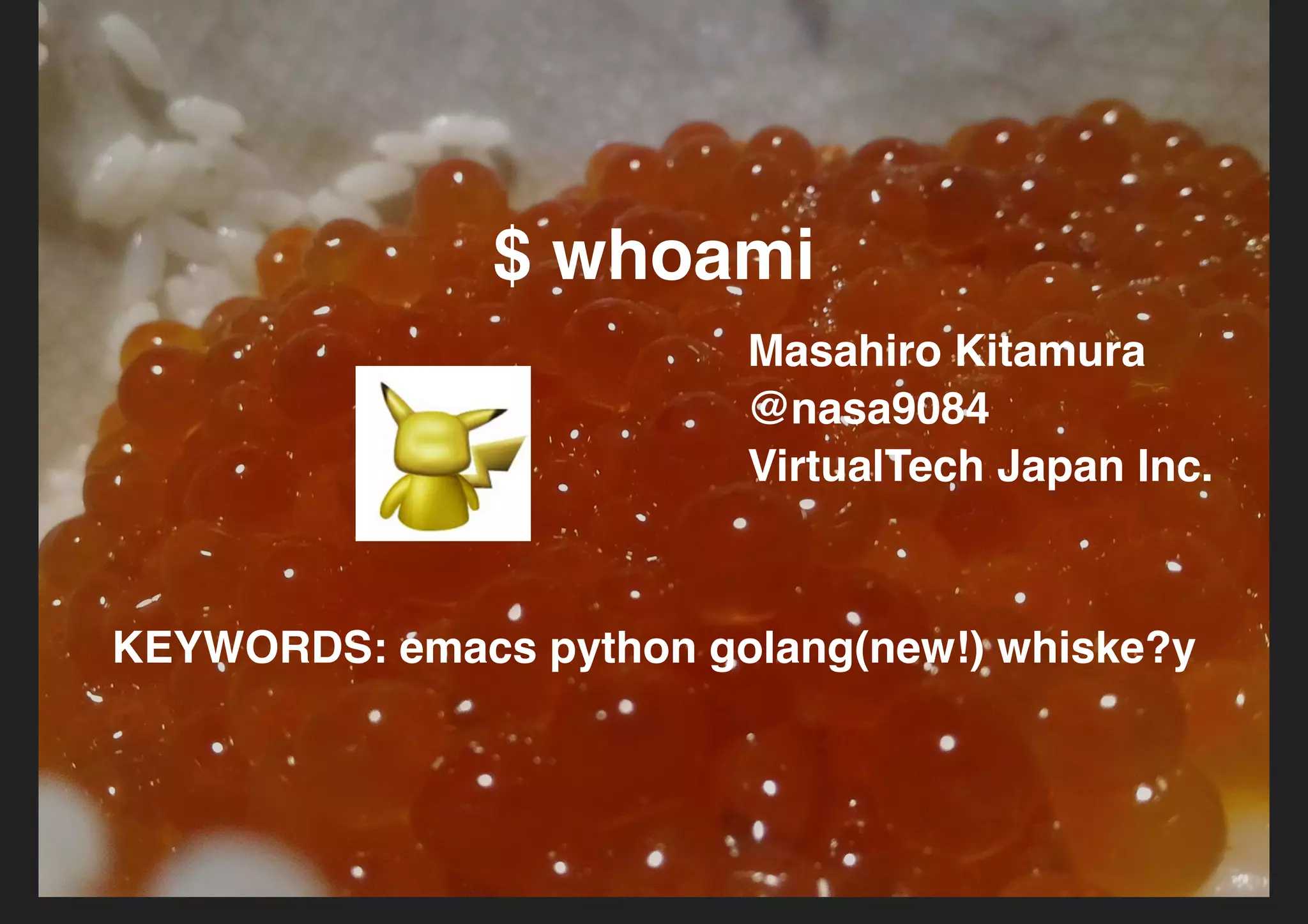$ whoami$ whoami
Masahiro Kitamura
@nasa9084
VirtualTech Japan Inc.
KEYWORDS: emacs python golang(new!) whiske?y
 