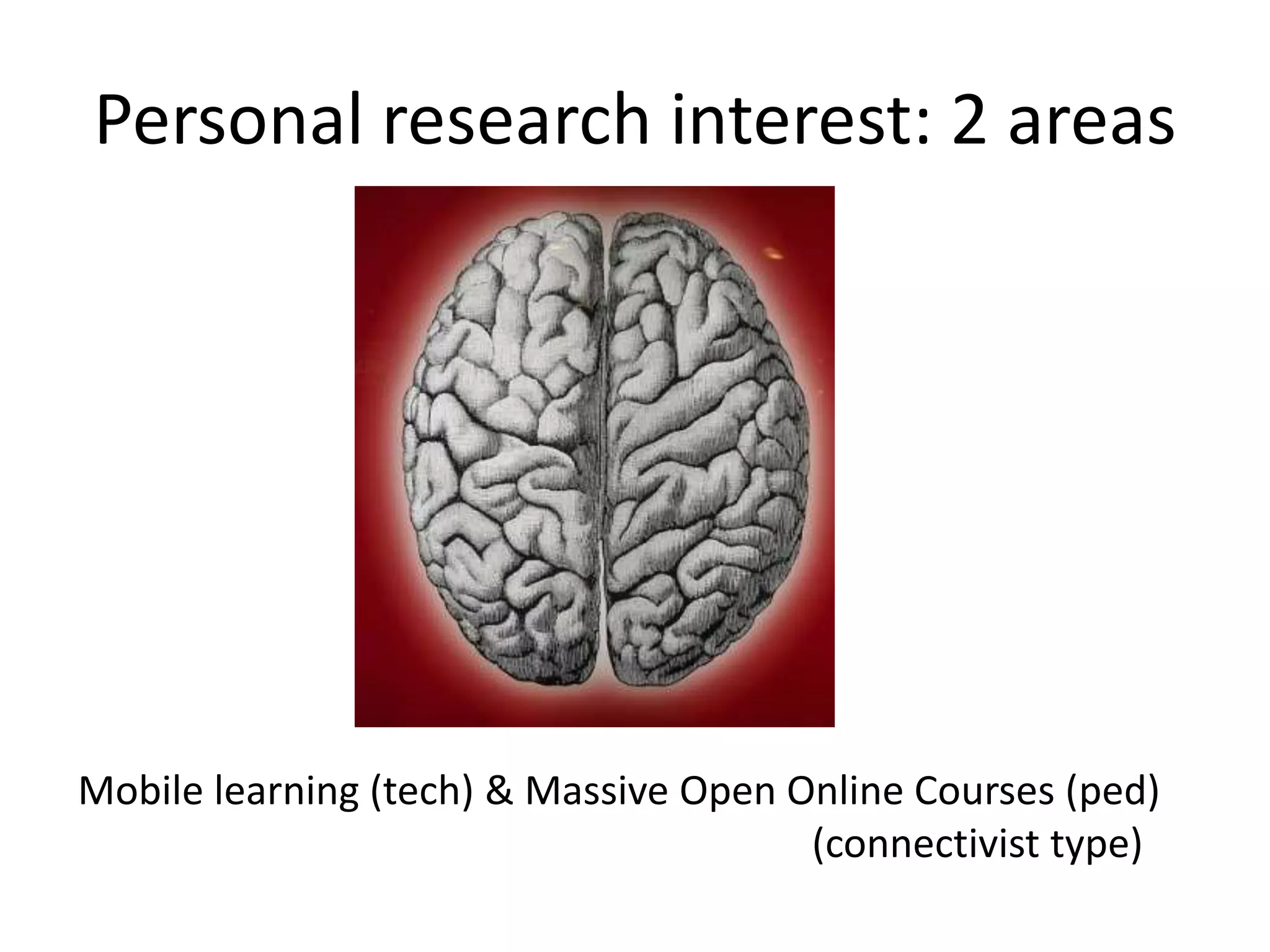 About MobiMOOC
A Massive Open Online Course (MOOC) on mobile
learning (mLearning) => MobiMOOC
1250 learners, 17 facilitators, 9 weeks, 14 mLearning
topics:
2 core course spaces:
   Course wiki (http://mobimooc.wikispaces.com/)
   Course discussion group
    https://groups.google.com/group/mobimooc2012




•   MobiMOOC 2011, first run: April-May 2011
•   MobiMOOC 2012, September 2012
 