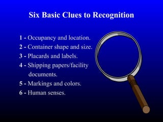 Six Basic Clues to Recognition
1 - Occupancy and location.
2 - Container shape and size.
3 - Placards and labels.
4 - Shipping papers/facility
documents.
5 - Markings and colors.
6 - Human senses.
 