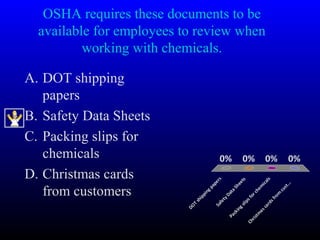 OSHA requires these documents to be
available for employees to review when
working with chemicals.
A. DOT shipping
papers
B. Safety Data Sheets
C. Packing slips for
chemicals
D. Christmas cards
from customers DOT
shipping
papersSafetyDataSheets
Packing
slipsforchem
icals
Christm
ascardsfrom
cust...
0% 0%0%0%
 