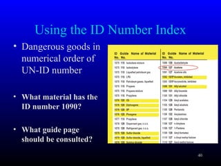 Using the ID Number Index
• Dangerous goods in
numerical order of
UN-ID number
• What material has the
ID number 1090?
• What guide page
should be consulted?
40
 