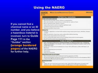 If you cannot find a
chemical name or an ID
number, and you believe
a hazardous material is
involved, turn to Guide
Page 111 in the
“Guides” section
(orange bordered
pages) of the NAERG
for further help.
Using the NAERG
 