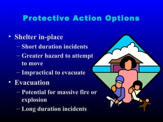 Protective Action Options
• Shelter in-place
– Short duration incidents
– Greater hazard to attempt
to move
– Impractical to evacuate
• Evacuation
– Potential for massive fire or
explosion
– Long duration incidents
 