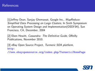 References


   [1]Jeﬀrey Dean, Sanjay Ghemawat, Google Inc., MapReduce:
   Simpliﬁed Data Processing on Large Clusters, In Sixth Symposium
   on Operating System Design and Implementation(OSDI’04), San
   Francisco, CA, December, 2004
   [2] Eben Hewitt, Cassandra: The Deﬁnitive Guide, OReilly
   Publications, November 2010.
   [3] eBay Open Source Project, Turmeric SOA platform,
   http:
   //www.ebayopensource.org/index.php/Turmeric/HomePage
 