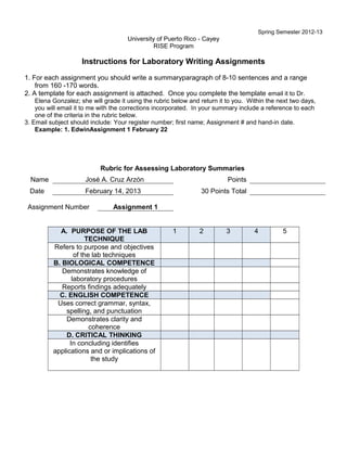 Spring Semester 2012-13
University of Puerto Rico - Cayey
RISE Program
Instructions for Laboratory Writing Assignments
1. For each assignment you should write a summaryparagraph of 8-10 sentences and a range
from 160 -170 words.
2. A template for each assignment is attached. Once you complete the template email it to Dr.
Elena Gonzalez; she will grade it using the rubric below and return it to you. Within the next two days,
you will email it to me with the corrections incorporated. In your summary include a reference to each
one of the criteria in the rubric below.
3. Email subject should include: Your register number; first name; Assignment # and hand-in date.
Example: 1. EdwinAssignment 1 February 22
Rubric for Assessing Laboratory Summaries
Name José A. Cruz Arzón Points
Date February 14, 2013 30 Points Total
Assignment Number Assignment 1
A. PURPOSE OF THE LAB
TECHNIQUE
1 2 3 4 5
Refers to purpose and objectives
of the lab techniques
B. BIOLOGICAL COMPETENCE
Demonstrates knowledge of
laboratory procedures
Reports findings adequately
C. ENGLISH COMPETENCE
Uses correct grammar, syntax,
spelling, and punctuation
Demonstrates clarity and
coherence
D. CRITICAL THINKING
In concluding identifies
applications and or implications of
the study
 