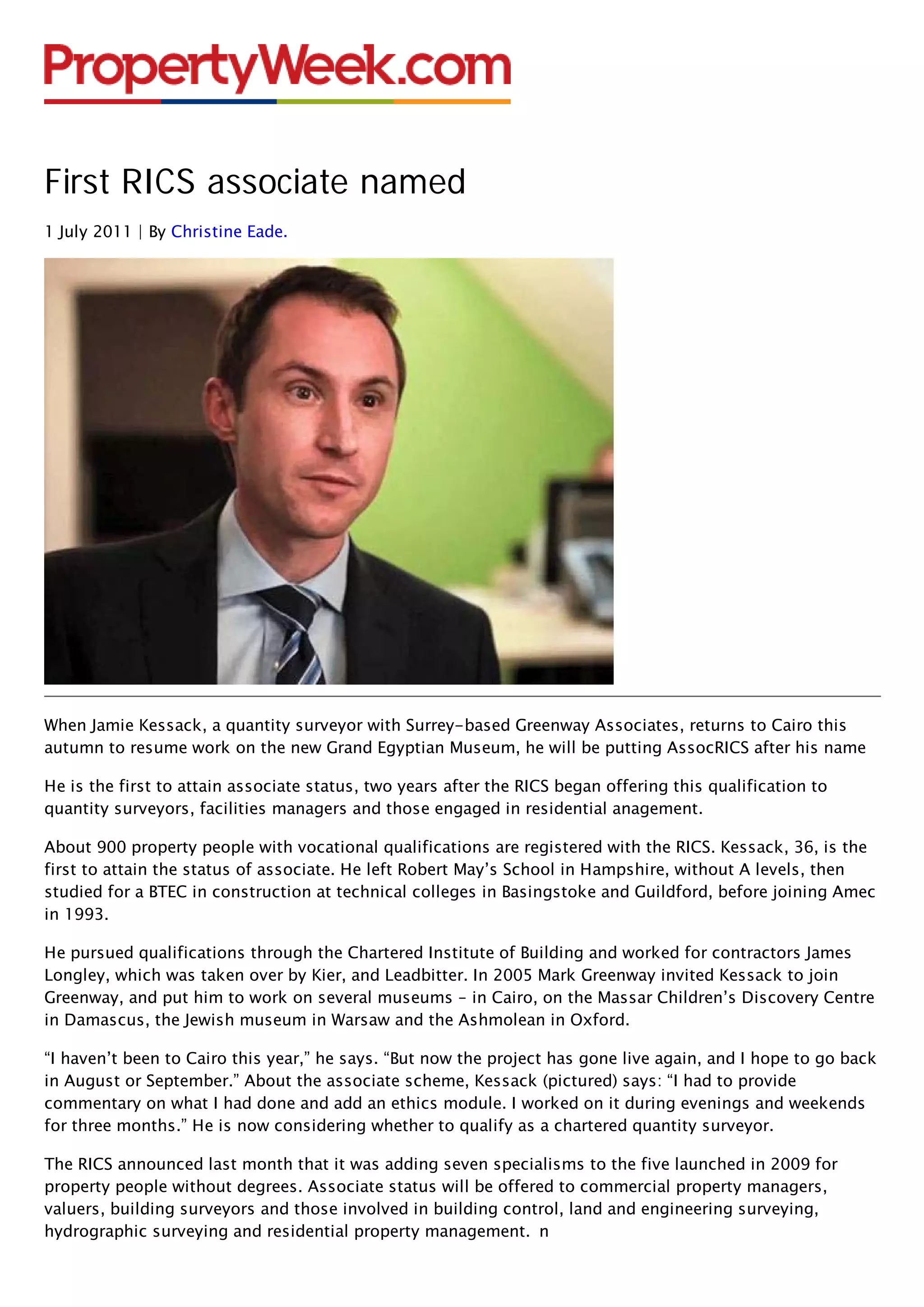 First RICS Associate Named Property Week 01july11 | PDF