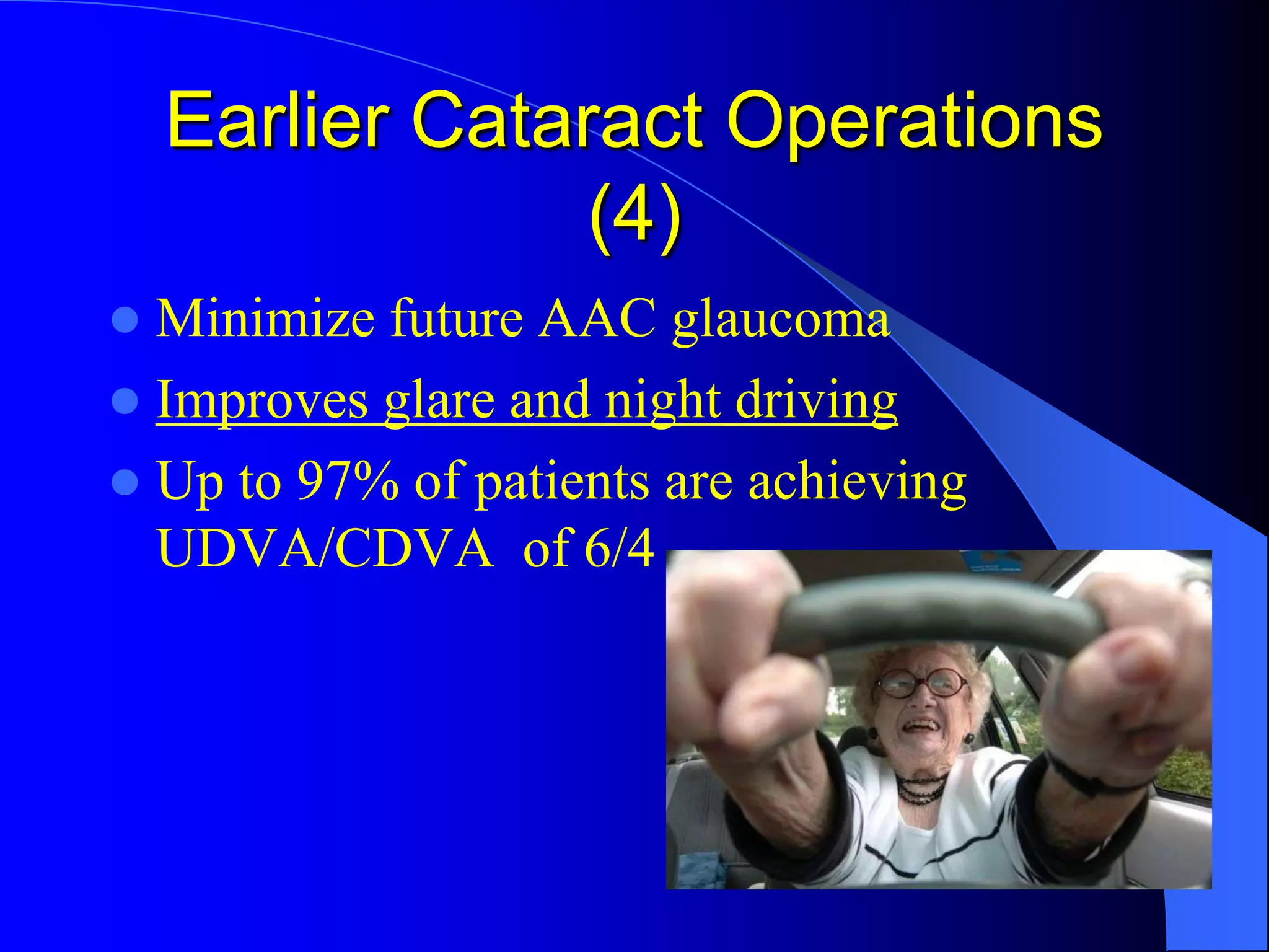 Earlier Cataract Operations
(4)
 Minimize future AAC glaucoma
 Improves glare and night driving
 Up to 97% of patients are achieving
UDVA/CDVA of 6/4
 