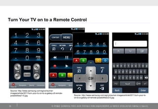 Turn Your TV on to a Remote Control

Source: http://www.samsung.com/sg/consumerimages/article/2011/turn-your-tv-on-to-a-galaxy-of-remotepossibilities/1-0.jpg

13

Source: http://www.samsung.com/sg/consumer-images/article/2011/turn-your-tvon-to-a-galaxy-of-remote-possibilities/2-0.jpg

이 저작물은 크리에이티브 커먼즈 코리아 저작자표시-비영리-동일조건변경허락 2.0 대한민국 라이센스에 따라 이용하실 수 있습니다.

 
