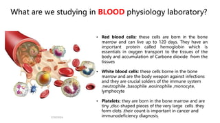 What are we studying in BLOOD physiology laboratory?
• Red blood cells: these cells are born in the bone
marrow and can live up to 120 days. They have an
important protein called hemoglobin which is
essentials in oxygen transport to the tissues of the
body and accumulation of Carbone dioxide from the
tissues
• White blood cells: these cells borne in the bone
marrow and are the body weapon against infections
and they are crucial solders of the immune system
.neutrophile ,basophile ,eosinophile ,monocyte,
lymphocyte
• Platelets: they are born in the bone marrow and are
tiny ,disc-shaped pieces of the very large cells .they
form clots .their count is important in cancer and
immunodeficiency diagnosis
2/20/2024 5
 