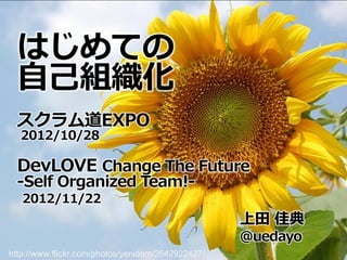 はじめての
 自己組織化
 スクラム道EXPO
  2012/10/28

 DevLOVE Change The Future
 -Self Organized Team!-
   2012/11/22
                                                   上田 佳典
                                                   @uedayo
http://www.flickr.com/photos/yenidem/2642922427/
 