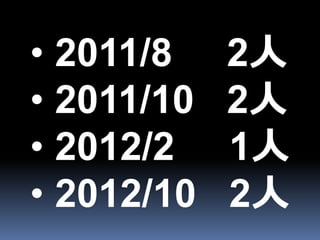 • 2011/8    2人
• 2011/10   2人
• 2012/2    1人
• 2012/10   2人
 