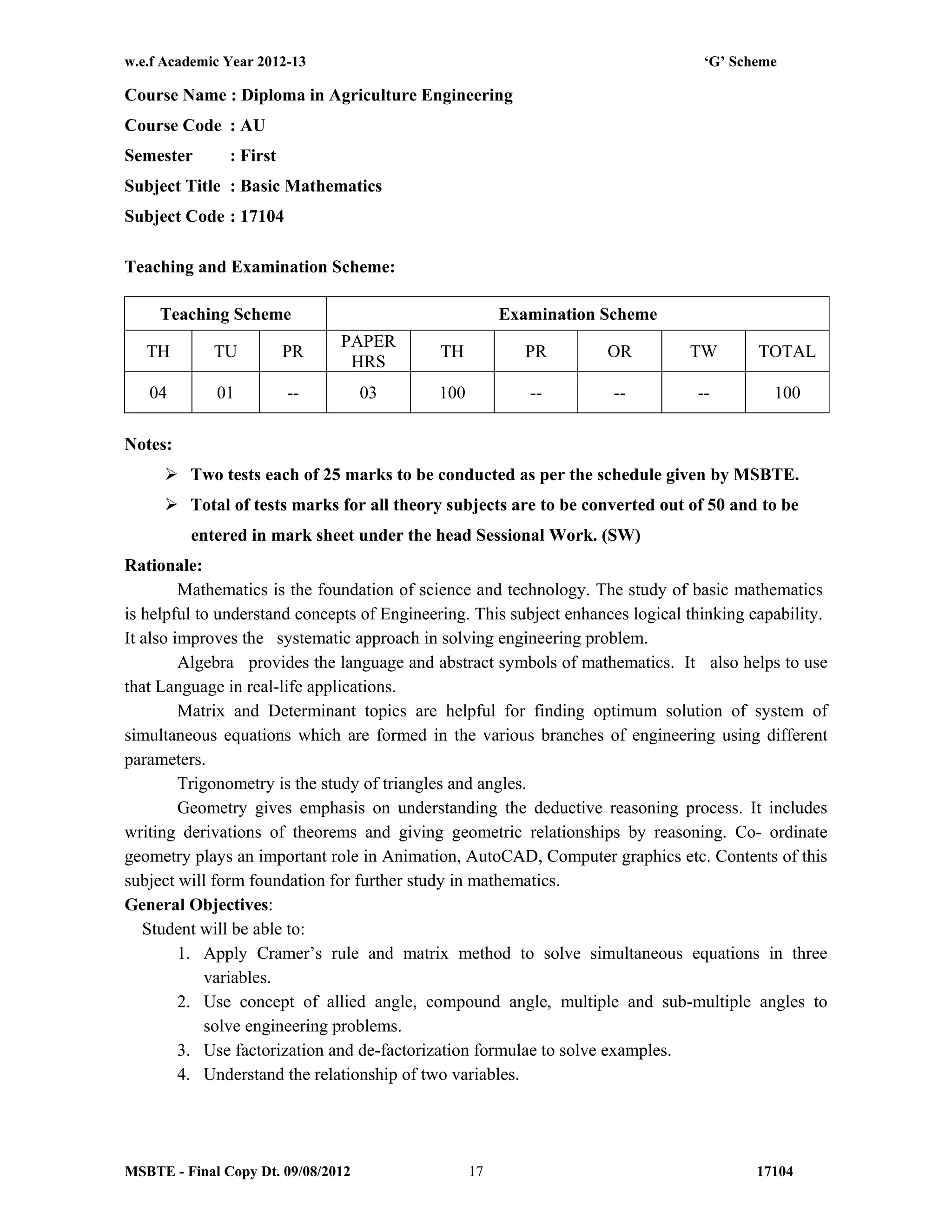 w.e.f Academic Year 2012-13 ‘G’ Scheme
MSBTE - Final Copy Dt. 09/08/2012 1710417
Course Name : Diploma in Agriculture Engineering
Course Code : AU
Semester : First
Subject Title : Basic Mathematics
Subject Code : 17104
Teaching and Examination Scheme:
Teaching Scheme Examination Scheme
TH TU PR
PAPER
HRS
TH PR OR TW TOTAL
04 01 -- 03 100 -- -- -- 100
Notes:
 Two tests each of 25 marks to be conducted as per the schedule given by MSBTE.
 Total of tests marks for all theory subjects are to be converted out of 50 and to be
entered in mark sheet under the head Sessional Work. (SW)
Rationale:
Mathematics is the foundation of science and technology. The study of basic mathematics
is helpful to understand concepts of Engineering. This subject enhances logical thinking capability.
It also improves the systematic approach in solving engineering problem.
Algebra provides the language and abstract symbols of mathematics. It also helps to use
that Language in real-life applications.
Matrix and Determinant topics are helpful for finding optimum solution of system of
simultaneous equations which are formed in the various branches of engineering using different
parameters.
Trigonometry is the study of triangles and angles.
Geometry gives emphasis on understanding the deductive reasoning process. It includes
writing derivations of theorems and giving geometric relationships by reasoning. Co- ordinate
geometry plays an important role in Animation, AutoCAD, Computer graphics etc. Contents of this
subject will form foundation for further study in mathematics.
General Objectives:
Student will be able to:
1. Apply Cramer’s rule and matrix method to solve simultaneous equations in three
variables.
2. Use concept of allied angle, compound angle, multiple and sub-multiple angles to
solve engineering problems.
3. Use factorization and de-factorization formulae to solve examples.
4. Understand the relationship of two variables.
 
