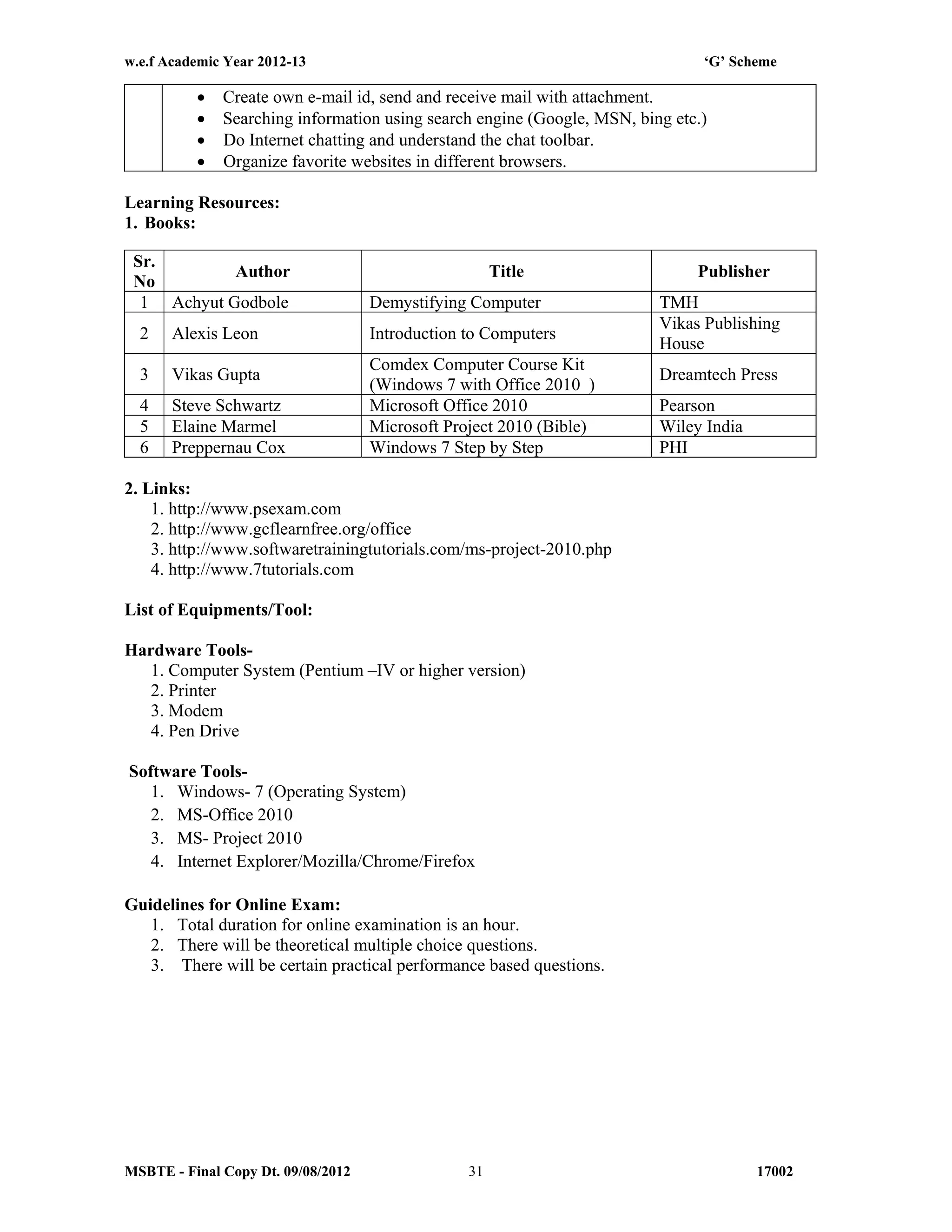 w.e.f Academic Year 2012-13 ‘G’ Scheme
MSBTE - Final Copy Dt. 09/08/2012 1700231
 Create own e-mail id, send and receive mail with attachment.
 Searching information using search engine (Google, MSN, bing etc.)
 Do Internet chatting and understand the chat toolbar.
 Organize favorite websites in different browsers.
Learning Resources:
1. Books:
Sr.
No
Author Title Publisher
1 Achyut Godbole Demystifying Computer TMH
2 Alexis Leon Introduction to Computers
Vikas Publishing
House
3 Vikas Gupta
Comdex Computer Course Kit
(Windows 7 with Office 2010 )
Dreamtech Press
4 Steve Schwartz Microsoft Office 2010 Pearson
5 Elaine Marmel Microsoft Project 2010 (Bible) Wiley India
6 Preppernau Cox Windows 7 Step by Step PHI
2. Links:
1. http://www.psexam.com
2. http://www.gcflearnfree.org/office
3. http://www.softwaretrainingtutorials.com/ms-project-2010.php
4. http://www.7tutorials.com
List of Equipments/Tool:
Hardware Tools-
1. Computer System (Pentium –IV or higher version)
2. Printer
3. Modem
4. Pen Drive
Software Tools-
1. Windows- 7 (Operating System)
2. MS-Office 2010
3. MS- Project 2010
4. Internet Explorer/Mozilla/Chrome/Firefox
Guidelines for Online Exam:
1. Total duration for online examination is an hour.
2. There will be theoretical multiple choice questions.
3. There will be certain practical performance based questions.
 