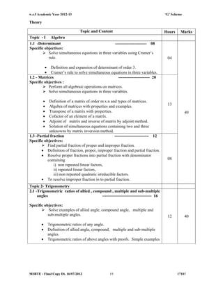 w.e.f Academic Year 2012-13 ‘G’ Scheme
MSBTE - Final Copy Dt. 16/07/2012 1710519
Theory
Topic and Content Hours Marks
Topic - I Algebra
1.1 -Determinant ----------------------- 08
Specific objectives:
 Solve simultaneous equations in three variables using Cramer’s
rule.
 Definition and expansion of determinant of order 3.
 Cramer’s rule to solve simultaneous equations in three variables.
04
40
1.2 - Matrices ----------------------- 20
Specific objectives :
 Perform all algebraic operations on matrices.
 Solve simultaneous equations in three variables.
 Definition of a matrix of order m x n and types of matrices.
 Algebra of matrices with properties and examples.
 Transpose of a matrix with properties.
 Cofactor of an element of a matrix.
 Adjoint of matrix and inverse of matrix by adjoint method.
 Solution of simultaneous equations containing two and three
unknowns by matrix inversion method.
13
1.3 -Partial fraction ------------------------- 12
Specific objectives:
 Find partial fraction of proper and improper fraction.
 Definition of fraction, proper, improper fraction and partial fraction.
 Resolve proper fractions into partial fraction with denominator
containing
i) non repeated linear factors,
ii) repeated linear factors,
iii) non repeated quadratic irreducible factors.
 To resolve improper fraction in to partial fraction.
08
Topic 2- Trigonometry
2.1 -Trigonometric ratios of allied , compound , multiple and sub-multiple
angles ------------------------------------ 16
Specific objectives:
 Solve examples of allied angle, compound angle, multiple and
sub-multiple angles.
 Trigonometric ratios of any angle.
 Definition of allied angle, compound, multiple and sub-multiple
angles.
 Trigonometric ratios of above angles with proofs. Simple examples
12 40
 