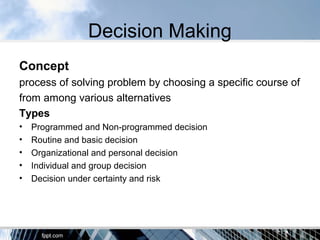 Process of Decision Making
i. Defining the problems
ii. Identifying the relevant alternatives
iii. Evaluating the alternat...