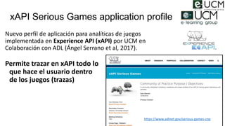 xAPI Serious Games application profile
Nuevo perfil de aplicación para analíticas de juegos
implementada en Experience API...