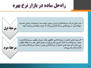 ‫اول‬ ‫مرحلۀ‬
•‫رر‬ ‫م‬ ‫زمرافی‬ ‫ترجیحرات‬ ‫بره‬ ‫تهجره‬ ‫بردون‬ ‫ایرران‬ ‫گذاری‬‫سرمایه‬ ‫شرکت‬ ‫مالی‬ ‫مدیر‬
‫شهد‬ ‫بیشینه‬ ‫دارن‬‫سهام‬ ‫ثروت‬ ‫که‬ ‫کند‬‫می‬ ‫گذاری‬‫سرمایه‬ ‫هایی‬‫پروژه‬ ‫در‬ ،‫سهامداران‬.
‫دوم‬ ‫مرحلۀ‬
•‫گذاران‬‫سررمایه‬ ‫مطلهب‬ ‫ر‬ ‫م‬ ‫مقدار‬ ‫تکافهی‬ ‫گذاری‬‫سرمایه‬ ‫از‬ ‫حاصل‬ ‫فقدی‬ ‫سهد‬ ‫اگر‬‫را‬
‫مط‬ ‫فقطۀ‬ ‫به‬ ‫را‬ ‫خهد‬ ‫فعلی‬ ‫ر‬ ‫م‬ ‫و‬ ‫گیرد‬‫می‬ ‫وام‬ ،‫کسری‬ ‫افدازۀ‬ ‫به‬ ‫گذار‬‫سرمایه‬ ،‫فدهد‬‫لهب‬
‫باش‬ ‫گذار‬‫سرمایه‬ ‫ر‬ ‫م‬ ‫از‬ ‫بیش‬ ‫گذاری‬‫سرمایه‬ ‫از‬ ‫حاصل‬ ‫فقدی‬ ‫سهد‬ ‫اگر‬ ‫و‬ ‫رسافد‬‫می‬‫بره‬ ‫د‬
‫دهد‬‫می‬ ‫وام‬ ،‫مازاد‬ ‫افدازۀ‬.
18 18
 
