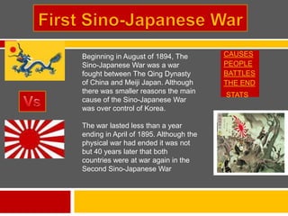 Beginning in August of 1894, The        MAJDAAA
                                          CAUSES
Sino-Japanese War was a war             JAJAJAJA
                                          PEOPLE
fought between The Qing Dynasty         JAJAJAJhj
                                          BATTLES
of China and Meiji Japan. Although      hhghhAJA
                                          THE END
there was smaller reasons the main      Jfjfjfjfjfjffjfjfj
                                           STATS
cause of the Sino-Japanese War          f
was over control of Korea.

The war lasted less than a year
ending in April of 1895. Although the
physical war had ended it was not
but 40 years later that both
countries were at war again in the
Second Sino-Japanese War
 