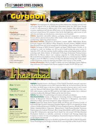 L
SM@RT CITIES COUNCIL
Gurgaon
Highlights: This sixth largest city of Haryana has excellent infrastructure,including vast roads,water
and sewage disposal. It lies on the Delhi-Jaipur-Ahmedabad railway line, NH-8 passes through
it, and it is well-connected to different parts of the country. Gurgaon offers opportunities for
recreation, employment and education.What’s more, it is the third largest hub for the IT industry
and home to many Fortune 500 companies.It also has the third highest per capita income in India
and is the only Indian city with electricity connections in every household.
Industry: Agriculture, automobile industries, packaging, electrical, management consultancy,
business advisory, pharmaceuticals, plastic, rubber, leather, textile, electronic, handloom, IT, apparel
manufacturing, engineering and procurement.
Educational institutes: Management Development Institute (MDI); IIMT-Oxford Brookes
University, Gurgaon; SGT Medical College; Hospital & Research Institute; NMIMS; National
Brain Research Centre and various management and technology colleges and business schools.
Projects: Six-laning of NH-8 between Gurgaon and Jaipur; Delhi-Gurgaon Corridor; to be
developed as a solar city; buildings over 500 sq yard to install rooftop solar power systems by
September 2015; cold chain, ripening chambers, grading, sorting and packaging facilities; software
technology park, Indian Institute of Information Technology; Environment Training Institute;
Polytechnic for Women; labour court complexes; properties by Godrej Premium Builders,
Mictrotek Infrastructures,Ambience Group and Agrante Realty, etc; residential apartments NBCC
Heights in Sector 89; NBCC to construct township with affordable housing; three under-passages
at NH-8 Expressway; tenders for improving street lights in the next two to three months.
Existing infrastructure: NH-8 accessible by linking road from Delhi-Jaipur Express Highway;
drug warehouses; ICD Gurgaon-Garhi Harsaru equipped to handle 2,60,000TEU per year.
Highlights: Popularly known as the Gateway of Uttar Pradesh, Ghaziabad’s municipal corporation
is the ﬁrst in Uttar Pradesh to receive ISO certiﬁcation.While the city has been home to the ﬁrst
Eco Park in the NCR region, it also has an online municipal tax payment process and is covered
under the National Child Labour Project.With the Ghaziabad Master Plan 2021 in force since
2005, other initiatives include the PPP model for street lights, rapid sanitation force, a dedicated
institution for physically challenged children and the link road scheme.
Industry: Agriculture, IT, manufacturing, steel, tourism and small-scale industries.
Educational Institutes: Institute of Management Technology, Institute of Management Studies,
Institute of Management Education, Institute of Productivity & Management, Government
Polytechnic College, and various management colleges and business schools.
Projects: Rapid Rail Transit System between Delhi and Meerut; part of Eastern Corridor of
Dedicated Freight Corridor Corporation;Ghaziabad-Aligarh on NH-91 to be upgraded;six-laning
of Eastern Peripheral Expressway of NH NE-II;Eastern Peripheral Expressway (Kundli-Ghaziabad-
Palwal); Ghaziabad-Meerut Expressway (Meerut-Dasna); Dadri-Noida-Ghaziabad Investment
Region; projects by Landcraft Developers,Wave Group,Aditya Builders and Developers, Magnum
Group, BCC Infrastructures; upcoming Prateek Grand City with around 7,000 ﬂats; Ghaziabad
Development Authority to undertake construction of elevated road; Navayuga Engineering
Company to construct 10.3-km elevated highway; Ghaziabad Development Authority to develop
six-lane Hindon elevated road.
Existing infrastructure: Import of un-shredded scrap allowed at port;NH-24;NH-58;Ghaziabad-
Greater Noida highway;four bridges on Hindan River connecting Delhi on NH-24 and GT Road.
Ghaziabad
Area:
1,253 sq km
Population:
1,514,000 (2011 census)
State: Haryana
Vikas Gupta
Municipal Commissioner
Contact: Municipal Corporation,
Gurgaon.
E-mail: contact@mcg.gov.in
Website: www.mcg.gov.in
Area: 122 sq km
Population:
1,760,000 (2011 census)
State: Uttar Pradesh
Rakesh Kumar Singh
Municipal Commissioner
Contact: Ghaziabad Nagar Nigam.
Tel: 0120-279 0425.
E-mail: gzb.nagar.nigam@gmail.com
Website:
www.nagarnigamghazaibad.com
10
 