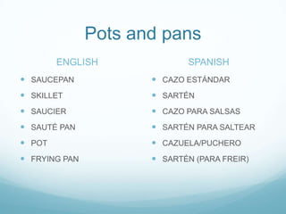 Pots and pans
        ENGLISH              SPANISH
 SAUCEPAN             CAZO ESTÁNDAR
 SKILLET              SARTÉN
 SAUCIER              CAZO PARA SALSAS
 SAUTÉ PAN            SARTÉN PARA SALTEAR
 POT                  CAZUELA/PUCHERO
 FRYING PAN           SARTÉN (PARA FREIR)
 