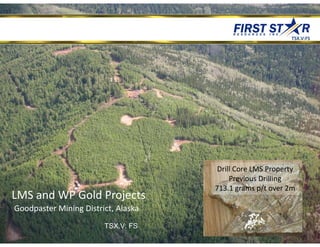 TSX.V:FS




                                      Drill Core LMS Property
                                          Previous Drilling
                                     713.1 grams p/t over 2m
LMS and WP Gold Projects
Goodpaster Mining District, Alaska
                        TSX.V: FS
 