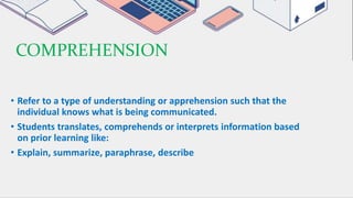 COMPREHENSION
• Refer to a type of understanding or apprehension such that the
individual knows what is being communicated.
• Students translates, comprehends or interprets information based
on prior learning like:
• Explain, summarize, paraphrase, describe
 