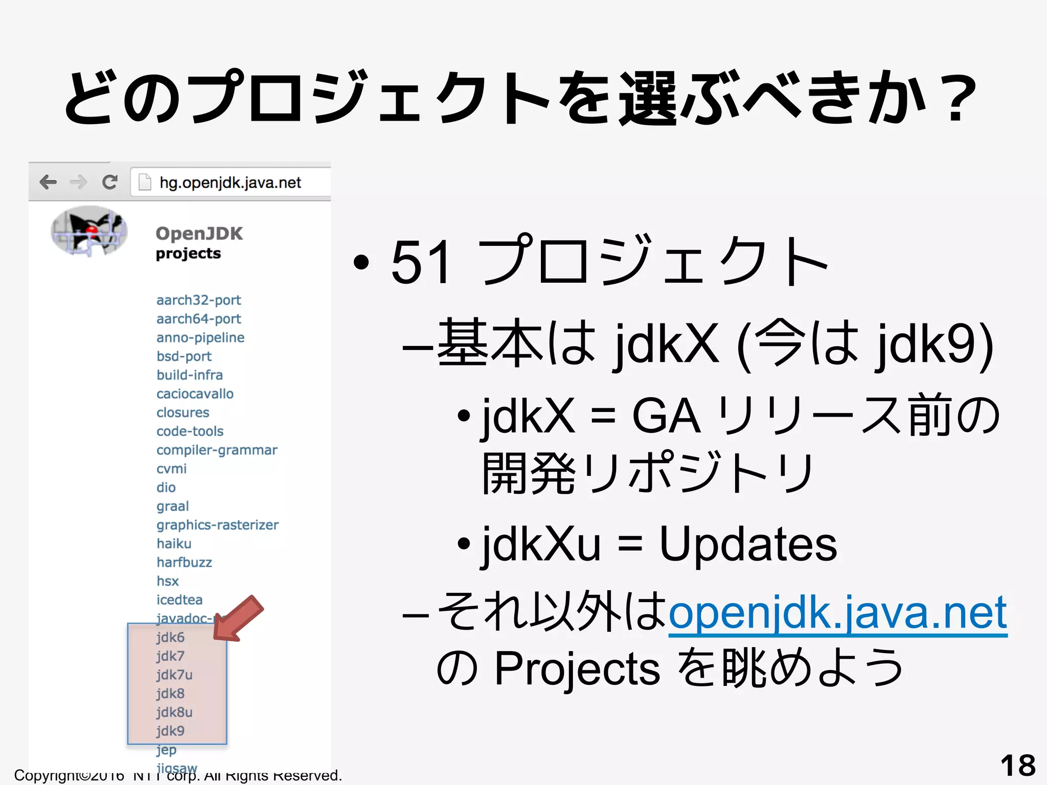 どのプロジェクトを選ぶべきか？
•  51 プロジェクト
– 基本は jdkX (今は jdk9)
• jdkX = GA リリース前の
開発リポジトリ
• jdkXu = Updates
– それ以外はopenjdk.java.net
の Projects を眺めよう
Copyright©2016 NTT corp. All Rights Reserved. 18
 