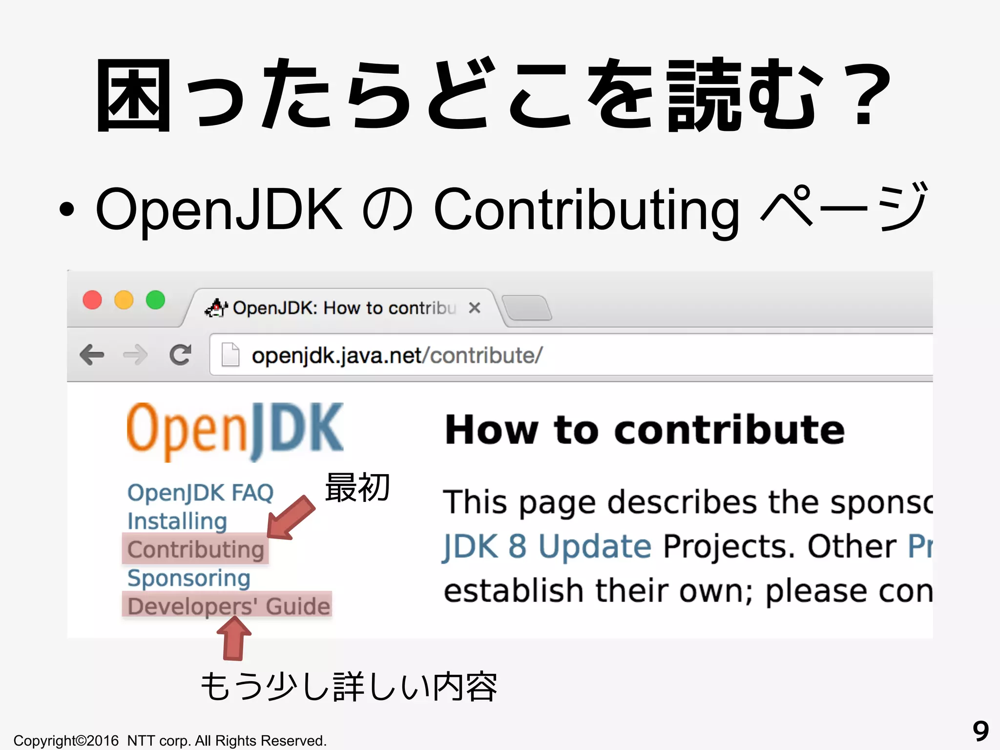 困ったらどこを読む？
•  OpenJDK の Contributing ページ
Copyright©2016 NTT corp. All Rights Reserved. 9
もう少し詳しい内容
最初
 
