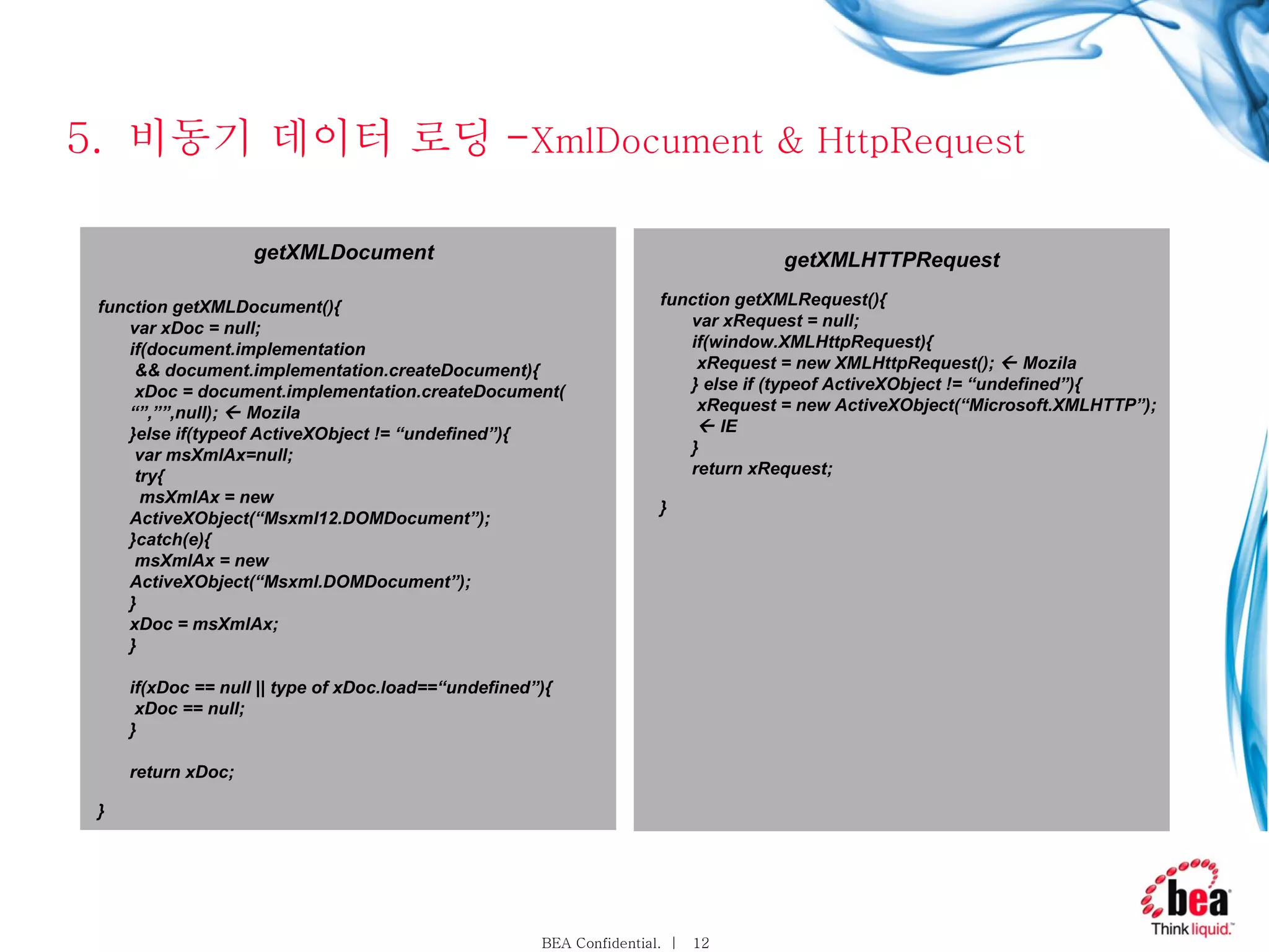 5.  비동기 데이터 로딩 - XmlDocument & HttpRequest function getXMLDocument(){ var xDoc = null; if(document.implementation   && document.implementation.createDocument){  xDoc = document.implementation.createDocument( “”,””,null);    Mozila }else if(typeof ActiveXObject != “undefined”){  var msXmlAx=null;  try{   msXmlAx = new ActiveXObject(“Msxml12.DOMDocument”); }catch(e){  msXmlAx = new ActiveXObject(“Msxml.DOMDocument”); } xDoc = msXmlAx; } if(xDoc == null || type of xDoc.load==“undefined”){  xDoc == null; } return xDoc; } getXMLDocument function getXMLRequest(){ var xRequest = null; if(window.XMLHttpRequest){  xRequest = new XMLHttpRequest();    Mozila } else if (typeof ActiveXObject != “undefined”){  xRequest = new ActiveXObject(“Microsoft.XMLHTTP”);     IE } return xRequest; } getXMLHTTPRequest 