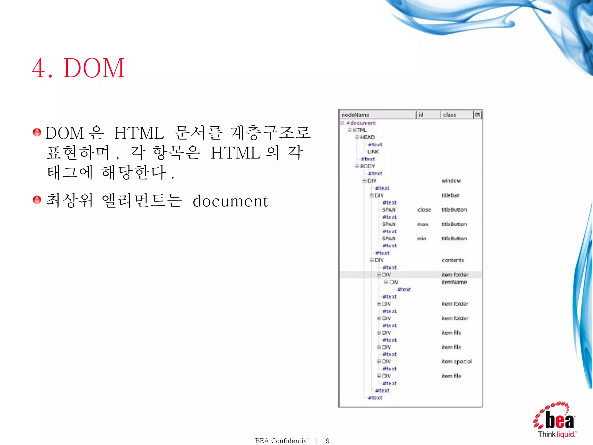 4. DOM  DOM 은  HTML  문서를 계층구조로 표현하며 ,  각 항목은  HTML 의 각 태그에 해당한다 . 최상위 엘리먼트는  document 
