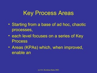 Key Process Areas <ul><li>Starting from a base of ad hoc, chaotic processes, </li></ul><ul><li>each level focuses on a ser...