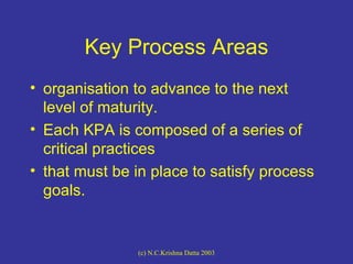 Key Process Areas <ul><li>organisation to advance to the next level of maturity. </li></ul><ul><li>Each KPA is composed of...