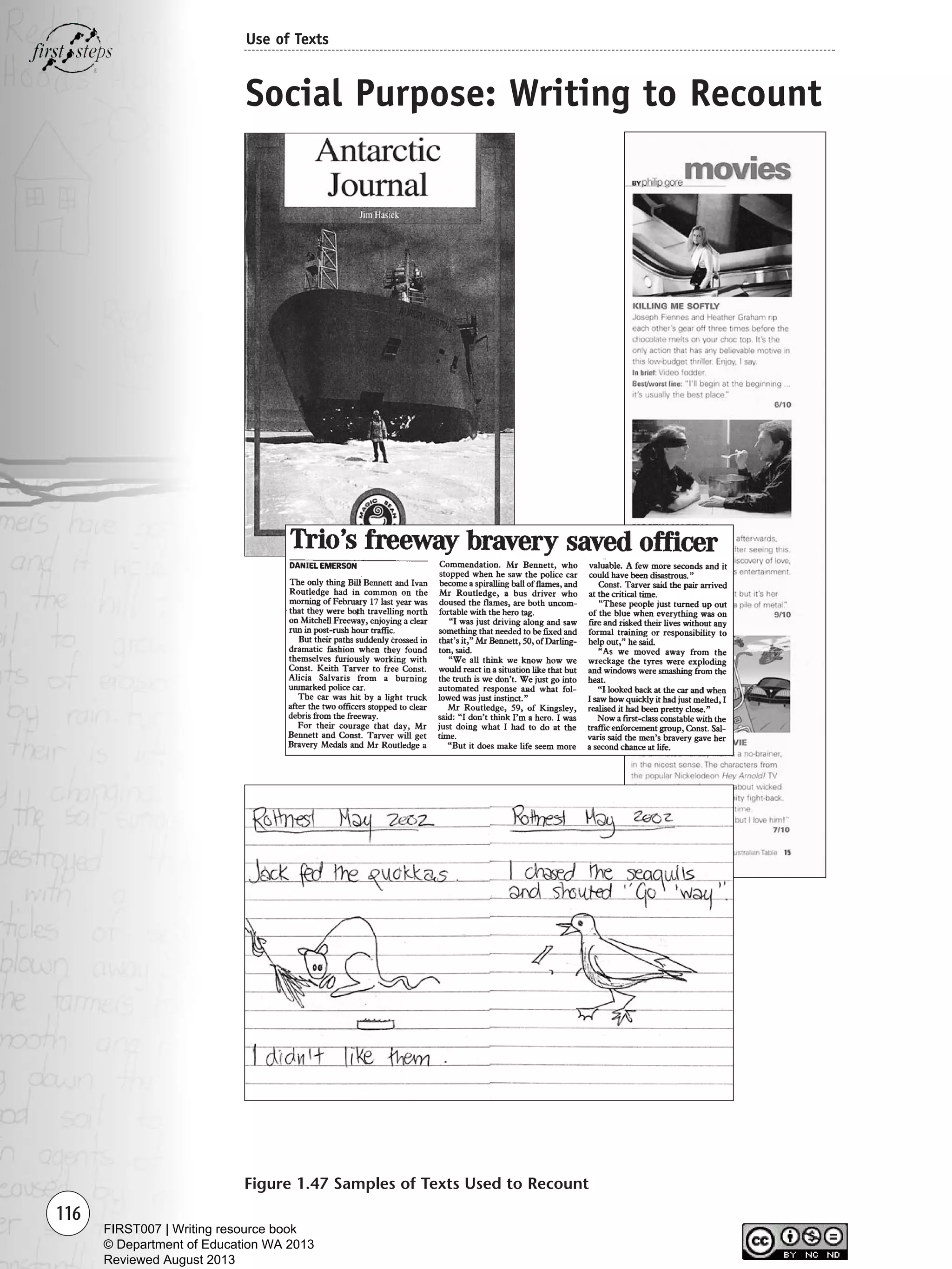 116
Use of Texts
Figure 1.47 Samples of Texts Used to Recount
Social Purpose: Writing to Recount
Writing Resource_chpt 1_FINAL 6/29/06 10:34 AM Page 116
FIRST007 | Writing resource book
© Department of Education WA 2013
Reviewed August 2013
 