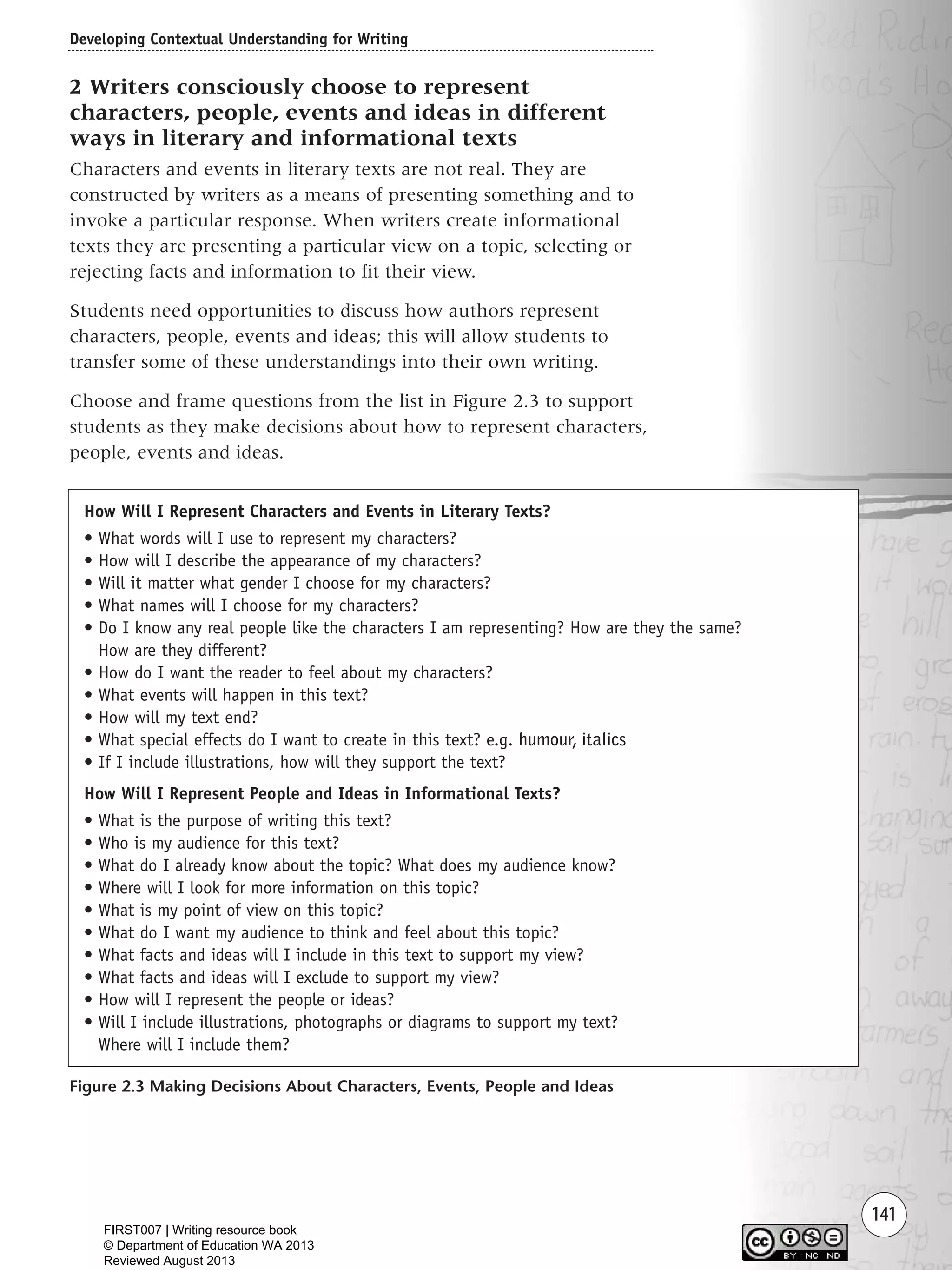 141
2 Writers consciously choose to represent
characters, people, events and ideas in different
ways in literary and informational texts
Characters and events in literary texts are not real. They are
constructed by writers as a means of presenting something and to
invoke a particular response. When writers create informational
texts they are presenting a particular view on a topic, selecting or
rejecting facts and information to fit their view.
Students need opportunities to discuss how authors represent
characters, people, events and ideas; this will allow students to
transfer some of these understandings into their own writing.
Choose and frame questions from the list in Figure 2.3 to support
students as they make decisions about how to represent characters,
people, events and ideas.
Developing Contextual Understanding for Writing
How Will I Represent Characters and Events in Literary Texts?
• What words will I use to represent my characters?
• How will I describe the appearance of my characters?
• Will it matter what gender I choose for my characters?
• What names will I choose for my characters?
• Do I know any real people like the characters I am representing? How are they the same?
How are they different?
• How do I want the reader to feel about my characters?
• What events will happen in this text?
• How will my text end?
• What special effects do I want to create in this text? e.g. humour, italics
• If I include illustrations, how will they support the text?
How Will I Represent People and Ideas in Informational Texts?
• What is the purpose of writing this text?
• Who is my audience for this text?
• What do I already know about the topic? What does my audience know?
• Where will I look for more information on this topic?
• What is my point of view on this topic?
• What do I want my audience to think and feel about this topic?
• What facts and ideas will I include in this text to support my view?
• What facts and ideas will I exclude to support my view?
• How will I represent the people or ideas?
• Will I include illustrations, photographs or diagrams to support my text?
Where will I include them?
Figure 2.3 Making Decisions About Characters, Events, People and Ideas
Writing Resource_chpt 2-3FINAL 6/29/06 10:45 AM Page 141
FIRST007 | Writing resource book
© Department of Education WA 2013
Reviewed August 2013
 