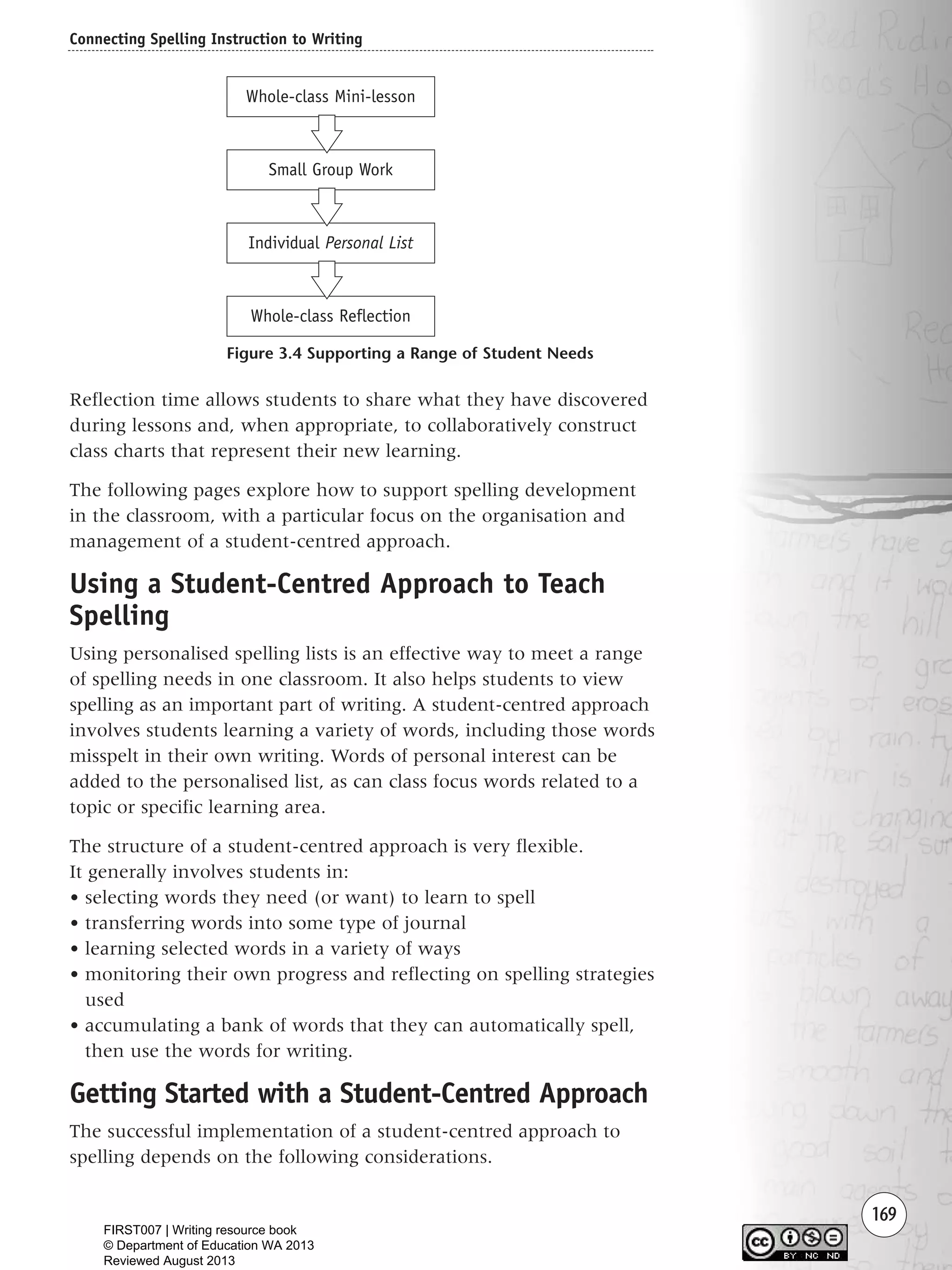 169
Reflection time allows students to share what they have discovered
during lessons and, when appropriate, to collaboratively construct
class charts that represent their new learning.
The following pages explore how to support spelling development
in the classroom, with a particular focus on the organisation and
management of a student-centred approach.
Using a Student-Centred Approach to Teach
Spelling
Using personalised spelling lists is an effective way to meet a range
of spelling needs in one classroom. It also helps students to view
spelling as an important part of writing. A student-centred approach
involves students learning a variety of words, including those words
misspelt in their own writing. Words of personal interest can be
added to the personalised list, as can class focus words related to a
topic or specific learning area.
The structure of a student-centred approach is very flexible.
It generally involves students in:
• selecting words they need (or want) to learn to spell
• transferring words into some type of journal
• learning selected words in a variety of ways
• monitoring their own progress and reflecting on spelling strategies
used
• accumulating a bank of words that they can automatically spell,
then use the words for writing.
Getting Started with a Student-Centred Approach
The successful implementation of a student-centred approach to
spelling depends on the following considerations.
Connecting Spelling Instruction to Writing
Figure 3.4 Supporting a Range of Student Needs
Whole-class Mini-lesson
Small Group Work
Individual Personal List
Whole-class Reflection
Writing Resource_chpt 2-3FINAL 6/29/06 10:46 AM Page 169
FIRST007 | Writing resource book
© Department of Education WA 2013
Reviewed August 2013
 